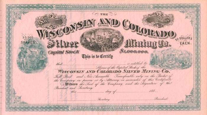 Wisconsin and Colorado Silver Mining Co. - Unissued Stock Certificate